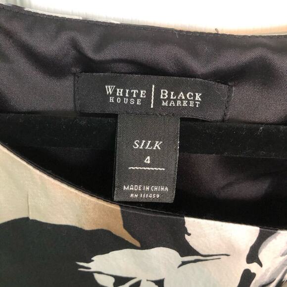 White House Black Market Women's 4 Silk Floral Dress w/ Belt Black Cream Gray - Picture 5 of 6